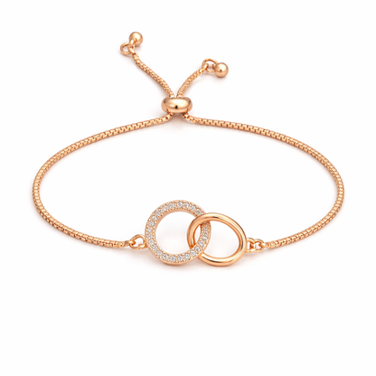 rose gold plated interlocking circle pullcord bracelet, fashion jewellery packshot