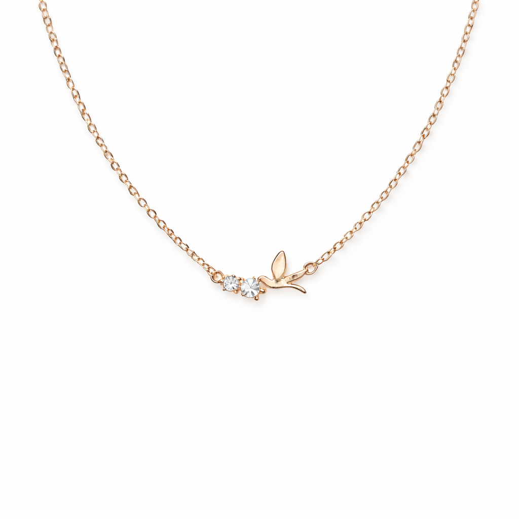 Rose gold plated rhinestone dove necklace, fashion jewellery packshot
