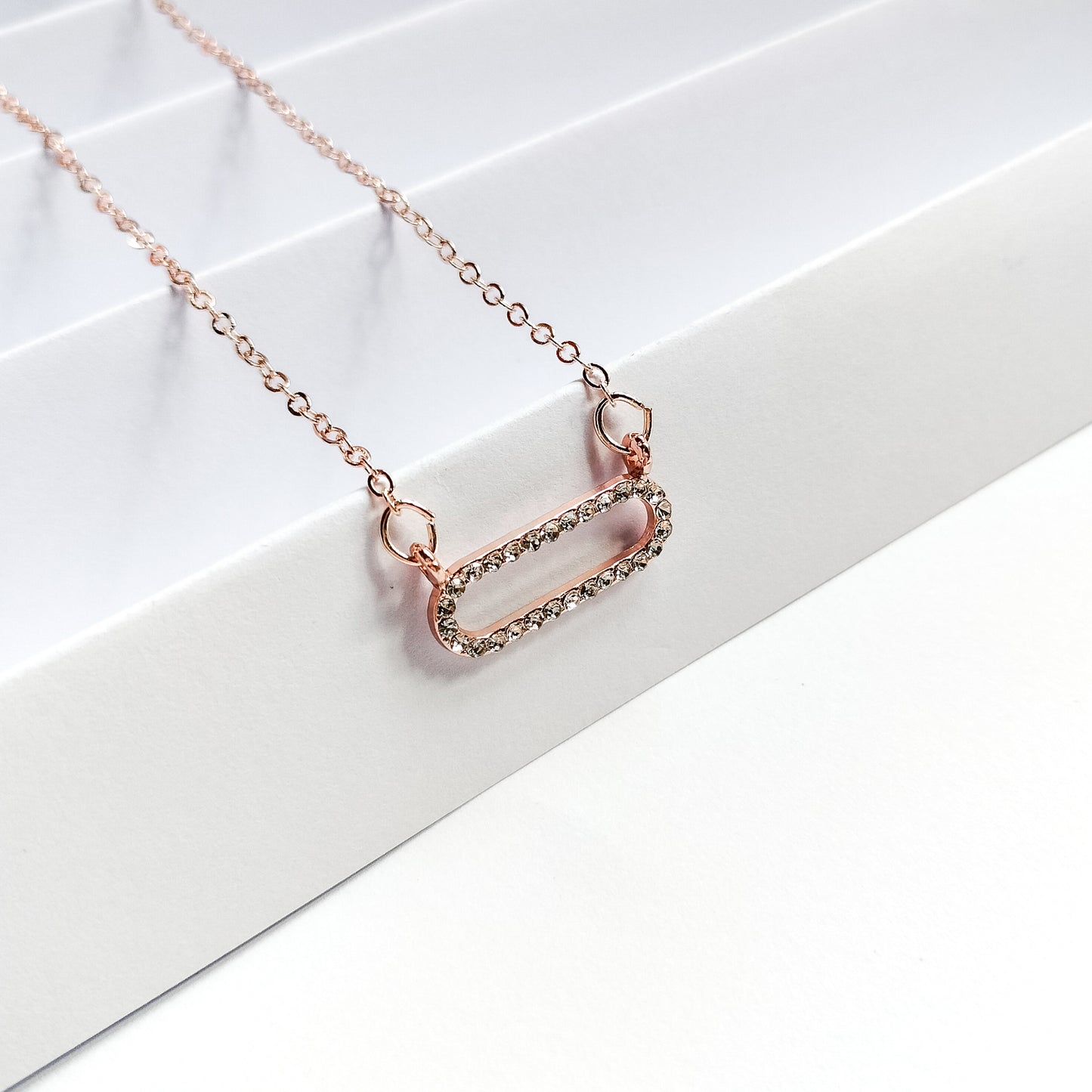Rose gold plated rhinestone oval pendant necklace, fashion jewellery