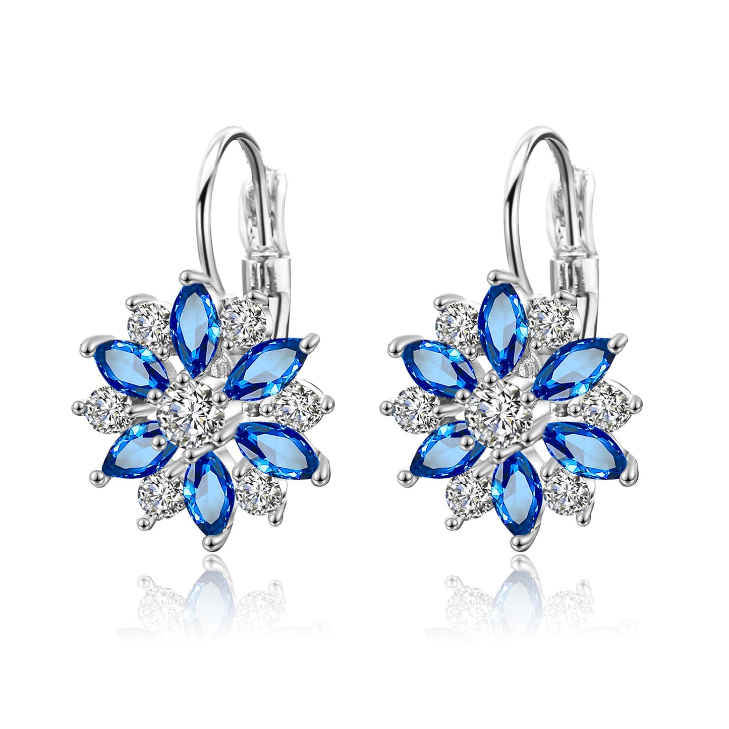 Silver plated blue and clear cubic zirconia flower drop earrings, bridal jewellery