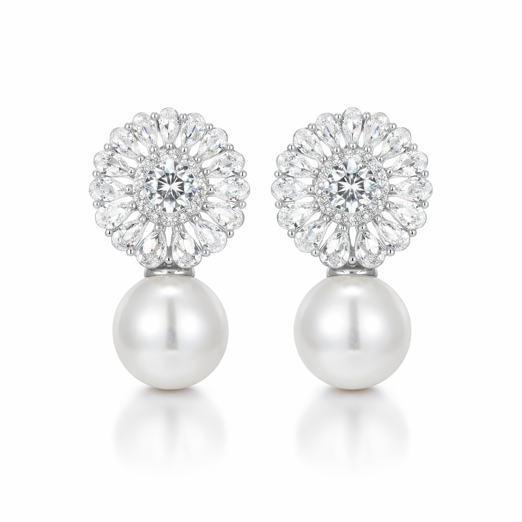 silver plated bridal pearl and clear cubic zirconia statement earrings, wedding fashion jewellery