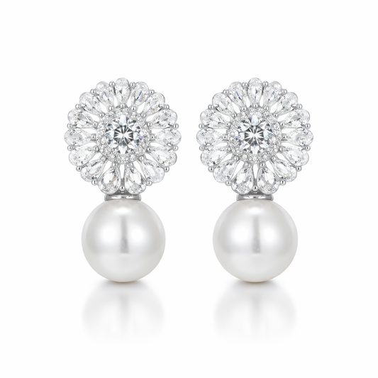silver plated bridal pearl and clear cubic zirconia statement earrings, wedding fashion jewellery