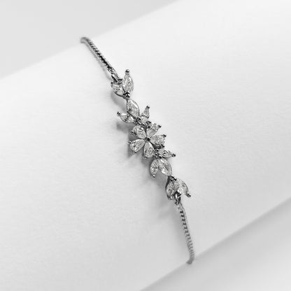 packshot of a silver plated cubic zirconia floral fashion jewellery bracelet