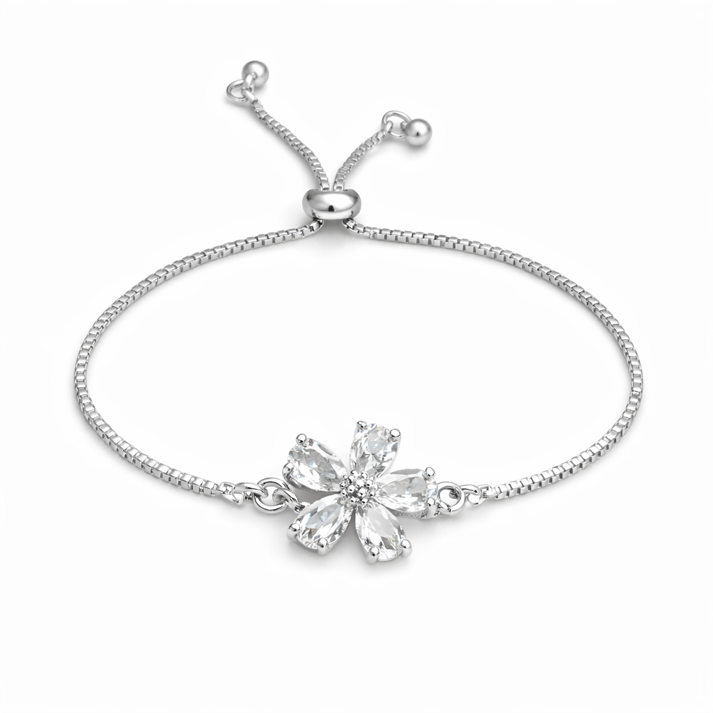 silver plated cubic zirconia flower pullcord bracelet, fashion jewellery packshot