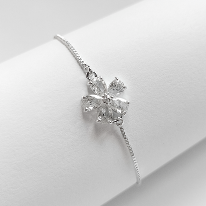 silver plated cubic zirconia flower pullcord bracelet, fashion jewellery 