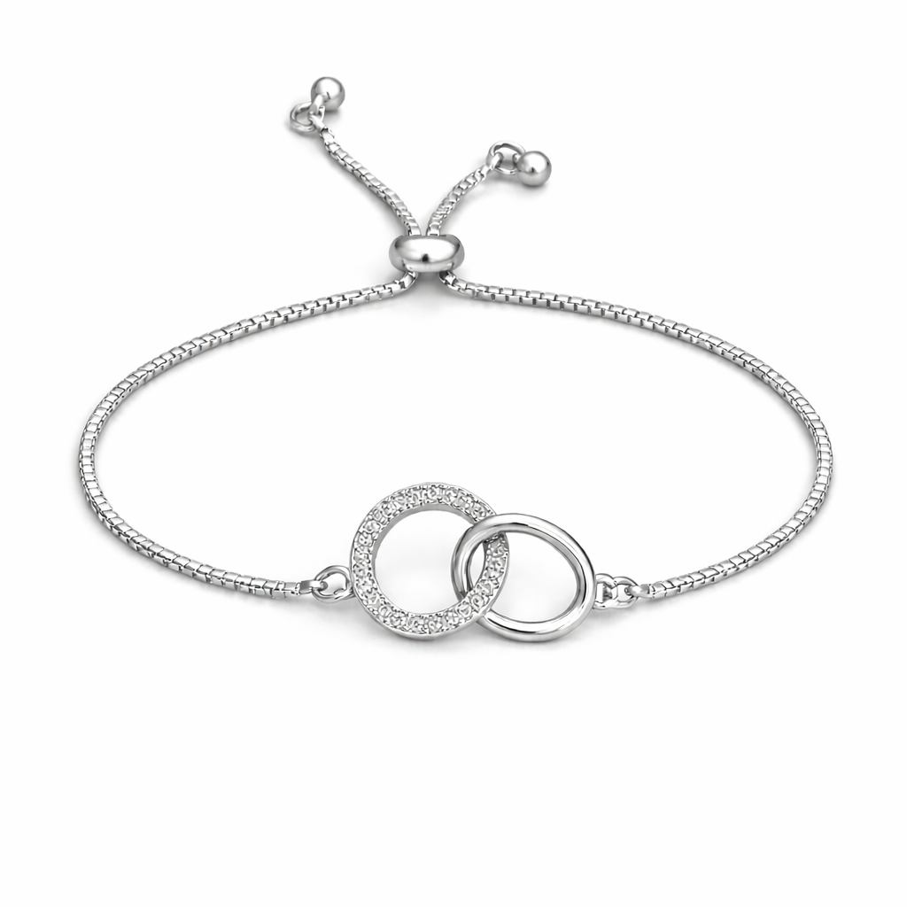 silver plated interlocking circle pullcord bracelet, fashion jewellery packshot