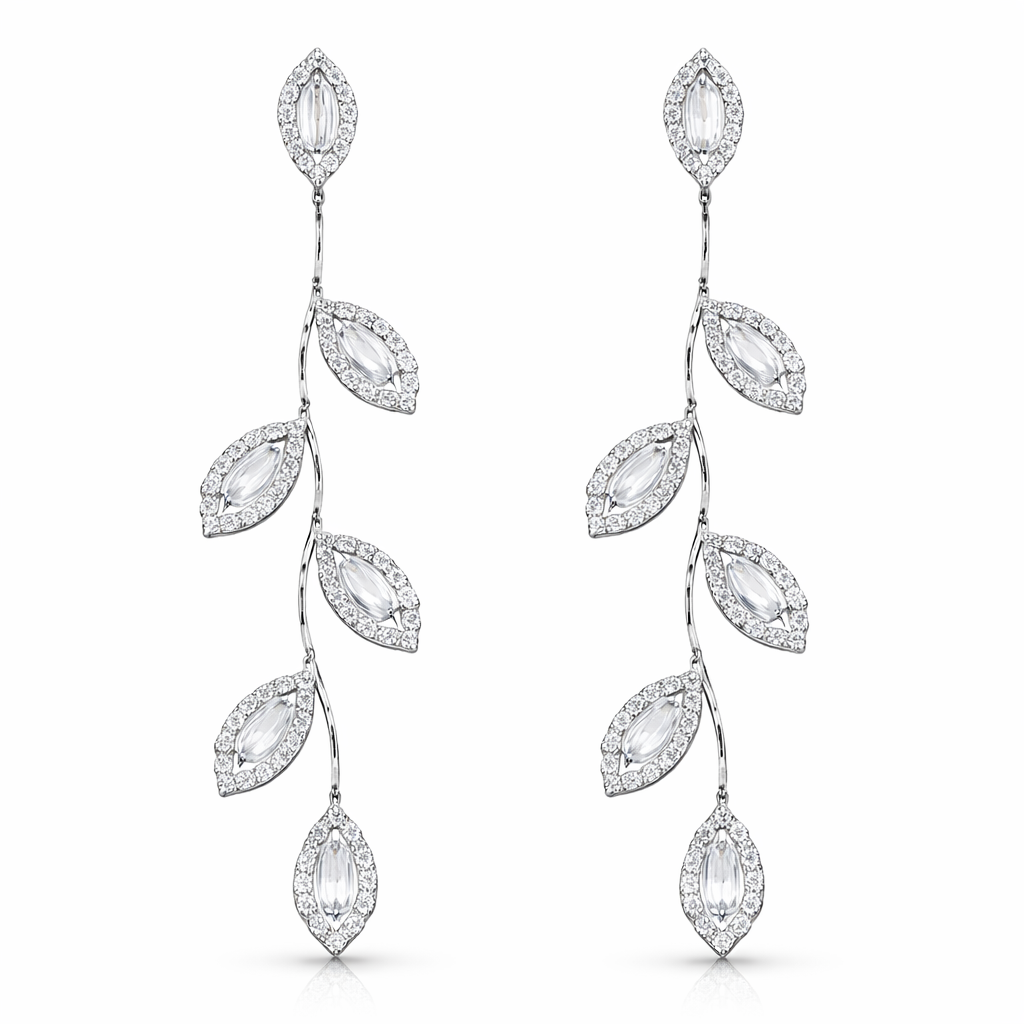 Silver plated leaf statement earrings with clear cubic zirconia's, floral bridal drop jewellery 