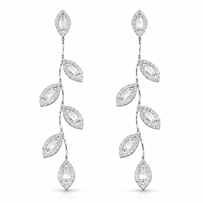 Silver plated leaf statement earrings with clear cubic zirconia's, floral bridal drop jewellery 