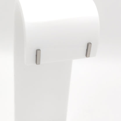 Detailed close-up of a pair of silver-plated stainless steel minimalist vertical bar stud earrings with a sleek geometric profile, displayed on a white stand.