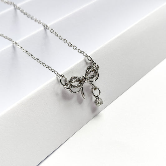 silver plated rhinestone bow necklace, fashion jewellery