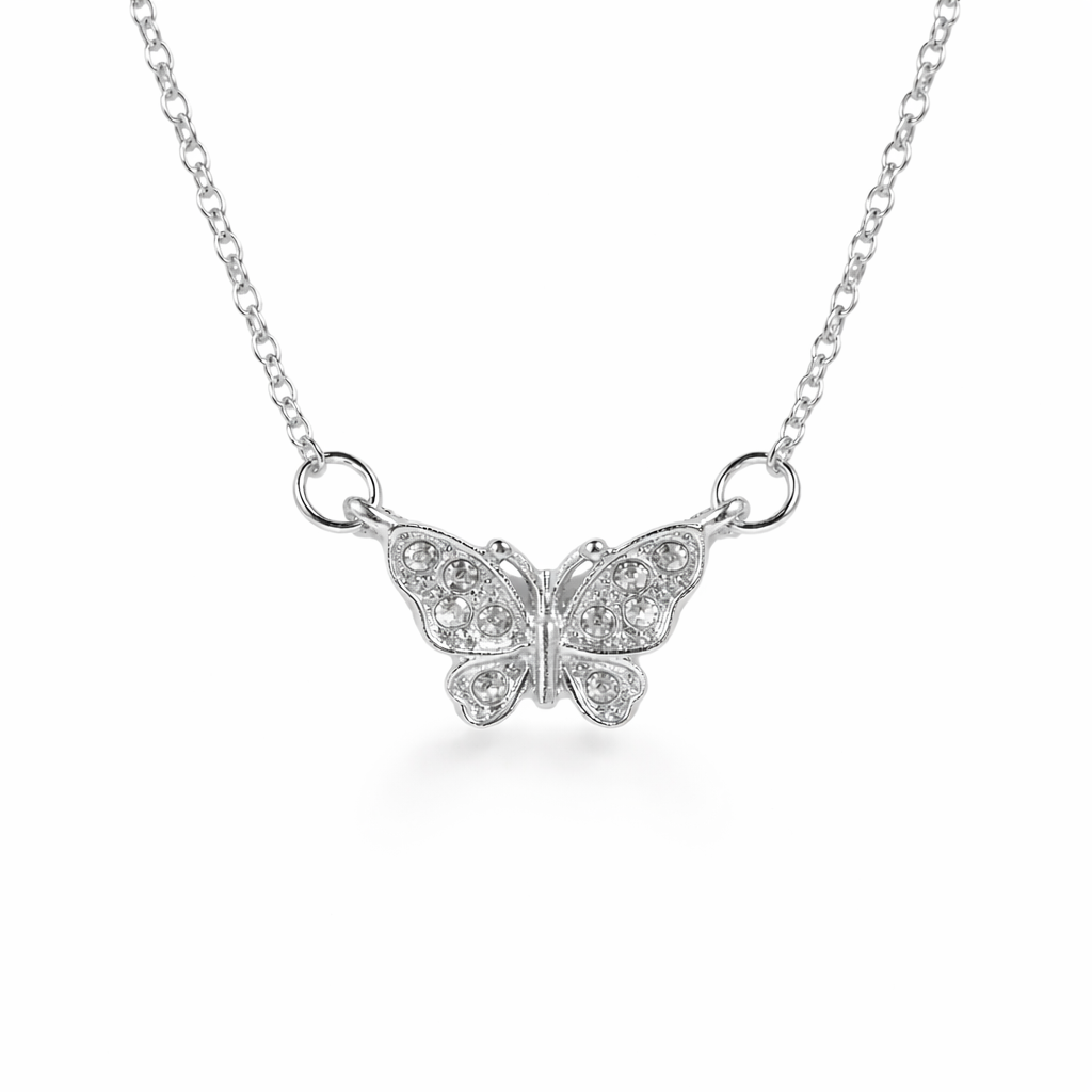 silver plated rhinestone butterfly necklace, fashion jewellery packshot
