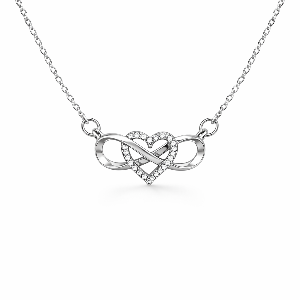 silver plated rhinestone heart infinity necklace, fashion jewellery packshot