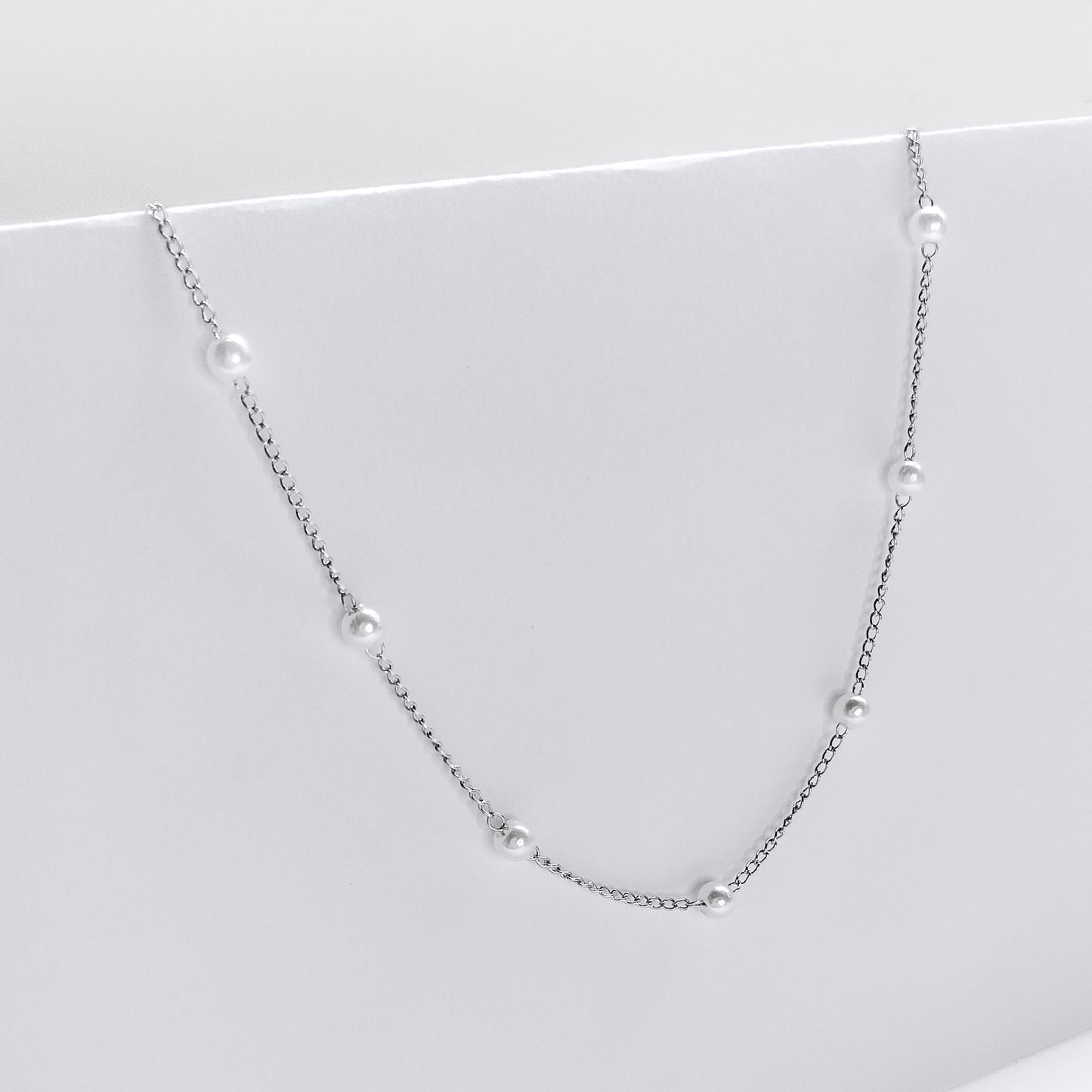silver plated spaced out pearl necklace, fashion jewellery