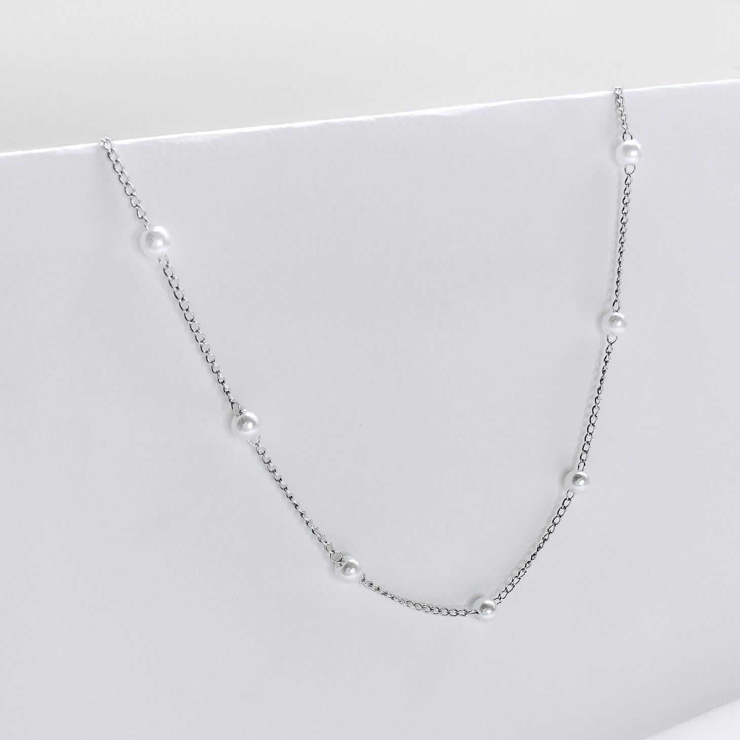 silver plated spaced out pearl necklace, fashion jewellery