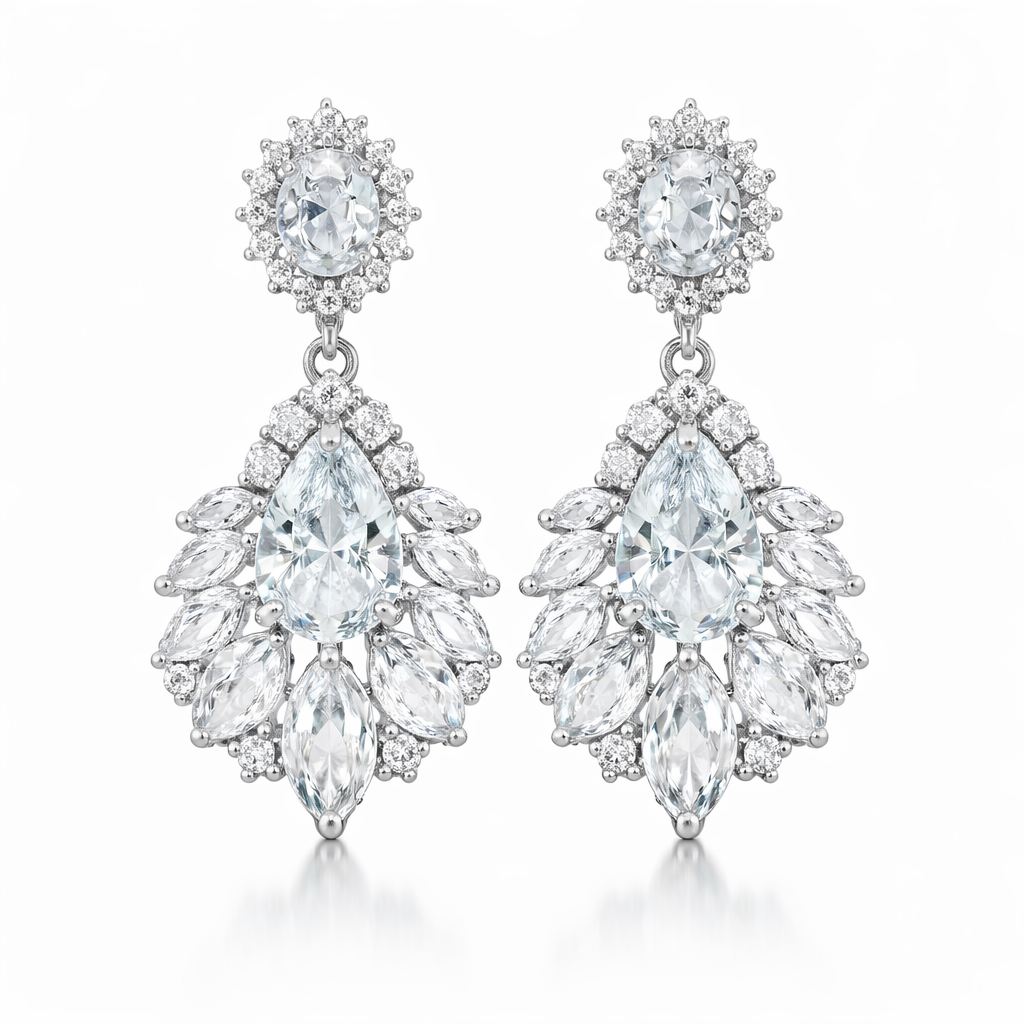 Silver plated statement bridal drop earrings, wedding fashion jewellery