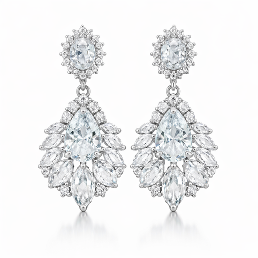 Silver plated statement bridal drop earrings, wedding fashion jewellery