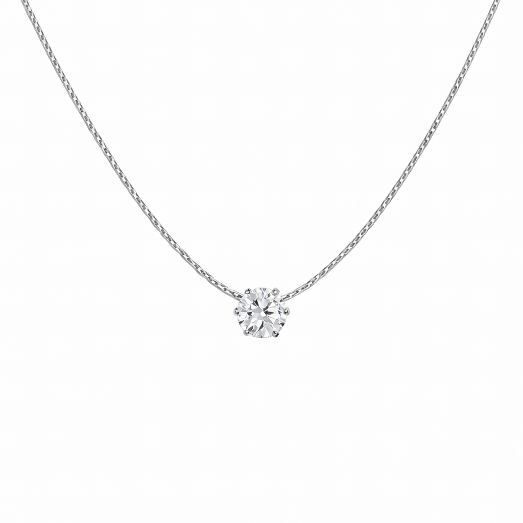 Stainless steel solitaire cubic zirconia necklace, waterproof and tarnish resistant