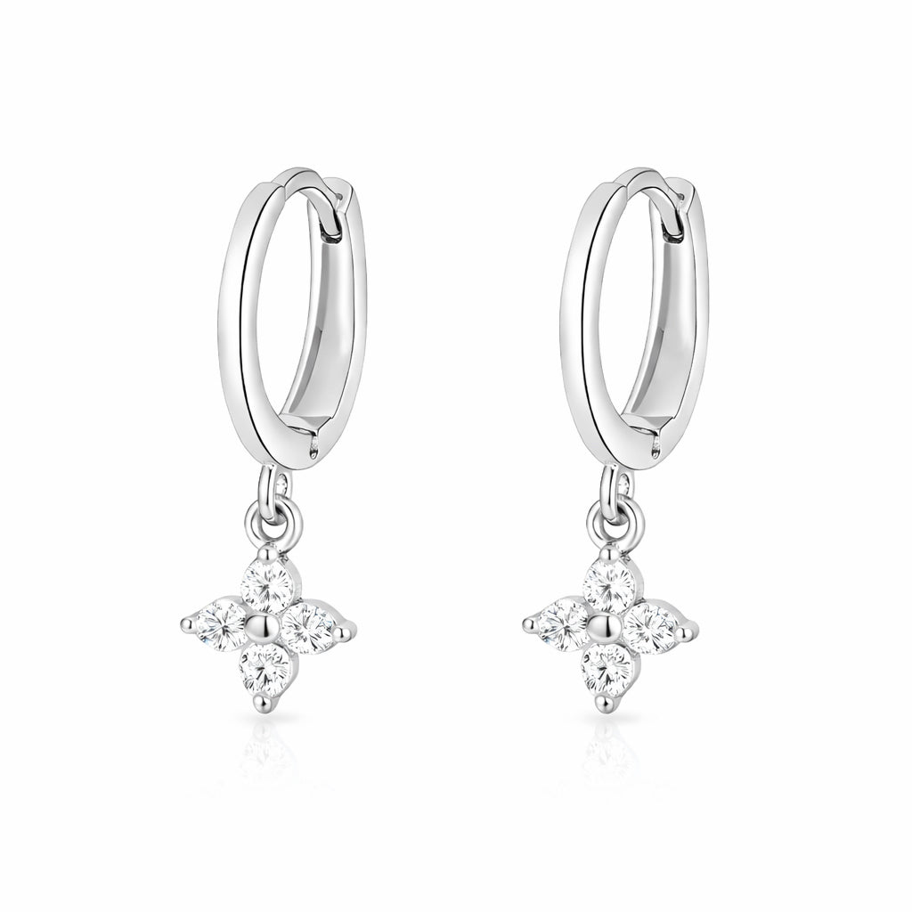 925 sterling silver cubic zirconia flower drop huggie earrings, hypoallergenic jewellery