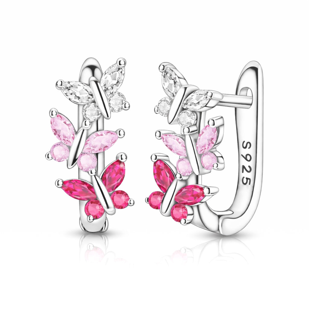 sterling silver pink butterfly french hoop earrings, hypoallergenic jewellery