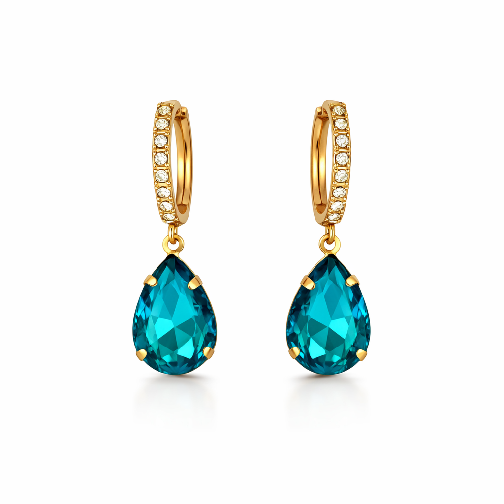 packshot of teal blue teardrop huggie earrings from fashion jewelry collection