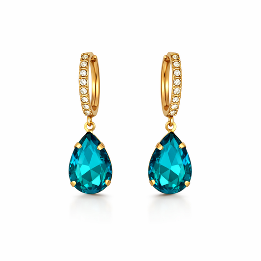 Teal blue teardrop huggie earrings from fashion jewelry collection