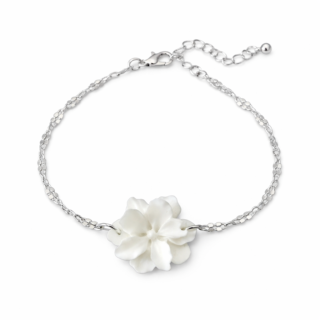 White resin flower bracelet with silver plated chain